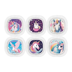 May include: Six colourful unicorn themed adhesive bandages. Each bandage features a different unicorn design with a white background.