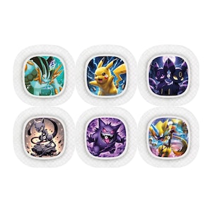 May include: Six round white stickers featuring various Pokemon characters. The characters include Pikachu, Gengar, Mewtwo, and others.