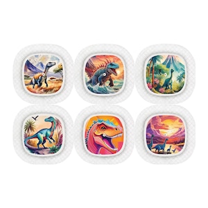 May include: Six colourful round stickers with dinosaur illustrations. Each sticker features a different dinosaur species in a vibrant landscape setting.