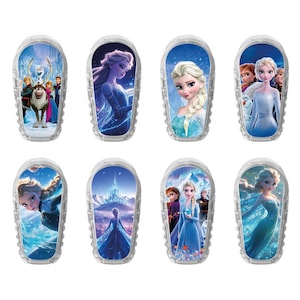 Puede incluir: Ocho diseños diferentes con temática de Frozen para un dispositivo médico. Los diseños presentan varios personajes de la película, incluyendo Elsa, Anna, Olaf y Kristoff.