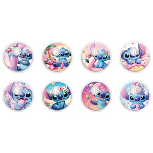 May include: Eight circular decorative items featuring the character Stitch. Each item has a different colourful design, including Stitch with desserts, tropical drinks, and floral elements. The items are white with a central hole.