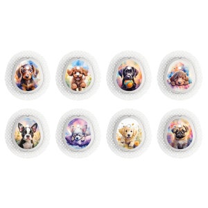 May include: Eight white round stickers with colourful backgrounds and images of different dog breeds. The dogs are all puppies and are depicted in a cartoon style. The stickers are perfect for adding a touch of personality to your belongings.
