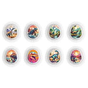 May include: Eight round, white, adhesive patches with colourful dinosaur illustrations. Each patch features a different dinosaur species in a jungle or desert setting.
