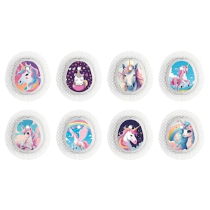 May include: Eight circular decorative items, each with a colourful unicorn design. The unicorns have flowing manes and tails in shades of pink, blue, purple, and yellow. Each design is set within a white, textured border.