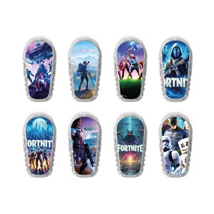 May include: Eight different Fortnite character designs printed on clear plastic covers. The covers are designed to fit a small electronic device, such as a fitness tracker or a smartwatch.