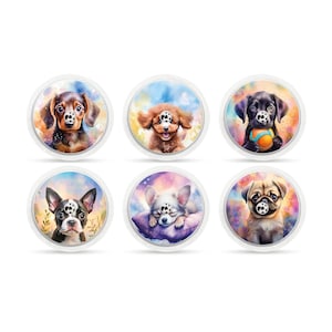 May include: Six circular designs with white borders, each showcasing a watercolour illustration of a puppy. Breeds include a dachshund, poodle, black lab, Boston terrier, chihuahua, and pug. The puppies have distinct markings and expressions, set against colourful backgrounds.