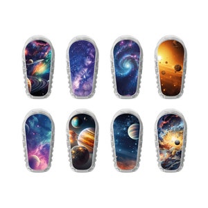 May include: Eight different space-themed designs for a continuous glucose monitor (CGM) device. The designs feature planets, stars, and galaxies in shades of blue, purple, orange, and yellow.