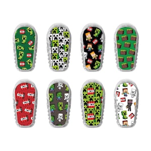 May include: Eight different designs of colourful Minecraft-themed stickers for a continuous glucose monitor.
