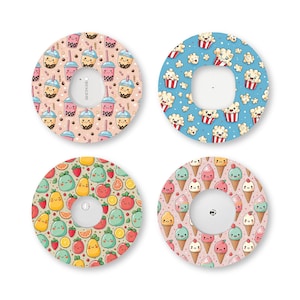 May include: Four circular adhesive patches for medical sensors, each featuring a distinct pattern: boba tea on a peach background, popcorn on blue, assorted kawaii fruits on light green, and ice cream cones on a soft pink background.