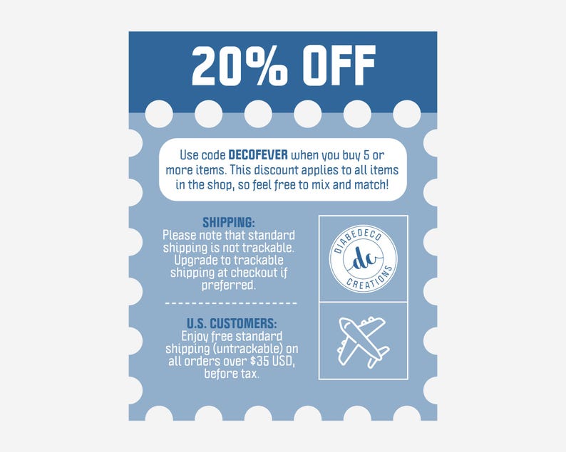 May include: A blue and white coupon with the text '20% OFF' in large white letters. The coupon includes a discount code 'DECOFEVER' and details about shipping and US customer orders. The coupon also includes a logo for 'DIABEDECO CREATIONS'.