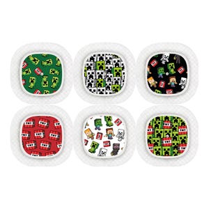 May include: Six round adhesive bandages with different Minecraft themed designs. The designs include green creepers, TNT blocks, and characters from the game.