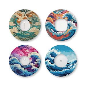 May include: Four circular adhesive patches for medical devices, each featuring a distinct wave and cloud pattern. The designs include earthy tones, vibrant sunset colors, a pink and purple palette, and a classic blue and white ocean theme.