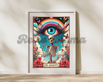 the audacity vintage retro poster skeleton skull rainbow retro poster digital download printable art home decor tarot card art trendy art