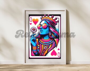 queen of hearts retro poster maximalist dopamine wall decor funky art print apartment decor, maximalist blue and hot pink decor wall art