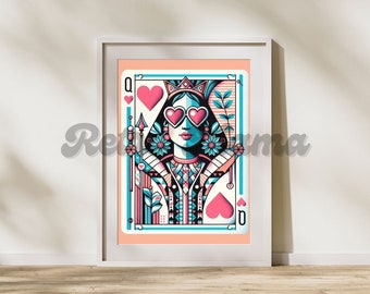 queen of hearts retro poster maximalist dopamine wall decor funky art print apartment decor, maximalist coral and turquoise decor wall art