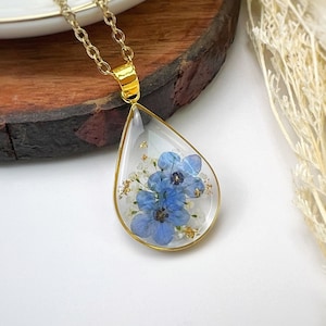 Gold Forget Me Nots Flower Pendant Necklace Resin Blue Flowers Necklace Resin Flower Pendant Women Floral Necklace Resin Gift For Her Mother