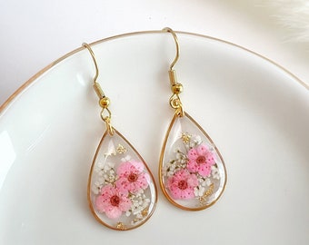 Gold Forget Me Not Flower Earrings Handmade Dried Real Flower Pressed Earrings Dried Flower Dangle Drop Earrings Women Floral Earrings Resin