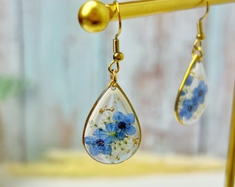 Gold Forget Me Not Flower Earrings Handmade Dried Real Flower Pressed Earrings Dried Flower Dangle Drop Earrings Women Floral Earrings Resin