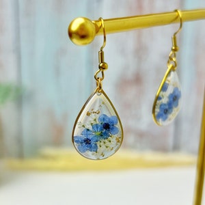 Gold Forget Me Not Flower Earrings Handmade Dried Real Flower Pressed Earrings Dried Flower Dangle Drop Earrings Women Floral Earrings Resin