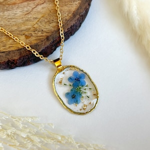 Gold Forget-Me-Not Resin Pendant Necklace: Pressed Flower Jewelry