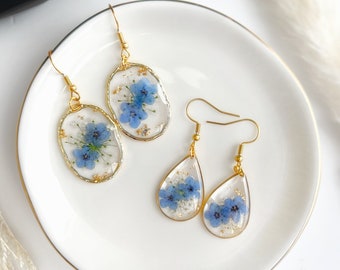Gold Forget Me Not Flower Earrings Handmade Dried Real Flower Pressed Earrings Dried Flower Dangle Drop Earrings Women Floral Earrings Resin
