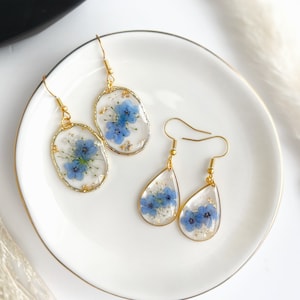 Gold Forget Me Not Flower Earrings Handmade Dried Real Flower Pressed Earrings Dried Flower Dangle Drop Earrings Women Floral Earrings Resin