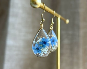 Gold Forget Me Not Flower Earrings Handmade Dried Real Flower Pressed Earrings Dried Flower Dangle Drop Earrings Women Floral Earrings Resin