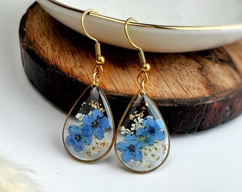 Gold Forget Me Not Flower Earrings Handmade Dried Real Flower Pressed Earrings Dried Flower Dangle Drop Earrings Women Floral Earrings Resin