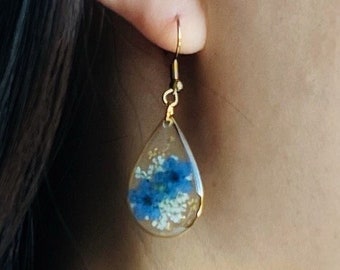Gold Forget Me Not Flower Earrings Handmade Dried Real Flower Pressed Earrings Dried Flower Dangle Drop Earrings Women Floral Earrings Resin