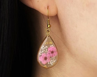 Gold Forget Me Not Flower Earrings: Handmade Pressed Flower Resin Dangle