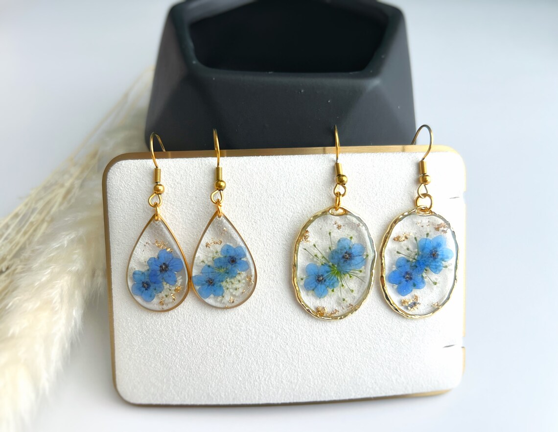 Forget Me Not Flower Teardrop Earrings – Pressed Flower Dangle Earrings For Women (Silver) - View #12