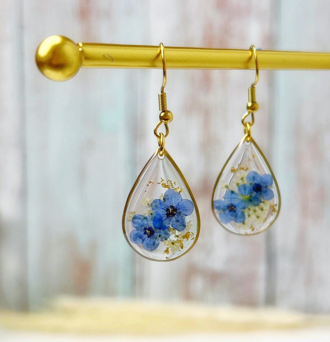 Forget Me Not Flower Teardrop Earrings – Pressed Flower Dangle Earrings For Women (Silver) - View #4