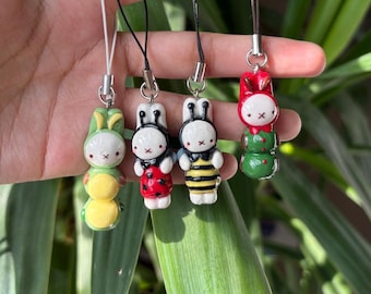 bugs & bunnies handmade phone charms! | springtime inspired bee, ladybug, and caterpillar keychains