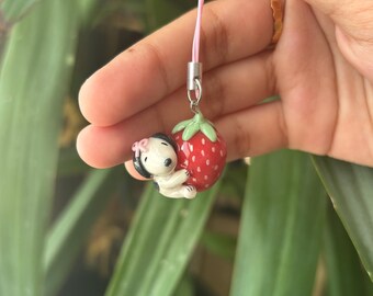 strawberry puppy phone charm / keychain | handmade kawaii art