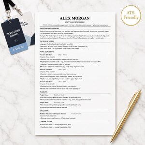May include: A white software engineer resume template with black text, featuring sections for professional summary, technical skills, work experience, projects, education, and certifications. Includes a gold ATS-Friendly badge, a developer summit badge, and a gold pen.