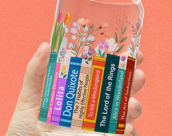 Personalized Books Lover Gift Glass Cup With Lid and Straw 16oz Iced Coffee Glass, Reader Gift Book Club Gift for Teacher Custom Name Floral