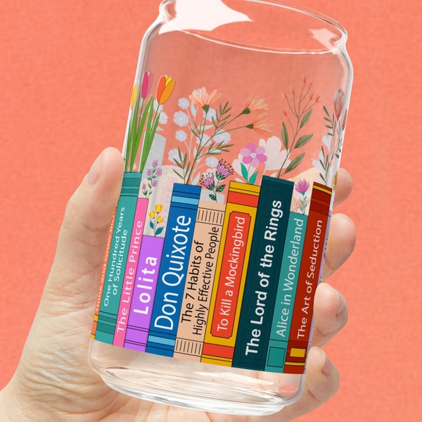 Personalized Books Lover Gift Glass Cup With Lid and Straw 16oz Iced Coffee Glass, Reader Gift Book Club Gift for Teacher Custom Name Floral