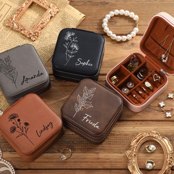 Personalized Jewelry Box, Engraved Leather Jewelry Box, Bridesmaid Jewelry Box, Birthday Flower Jewelry Storage Box, Jewelry Box Travel Case