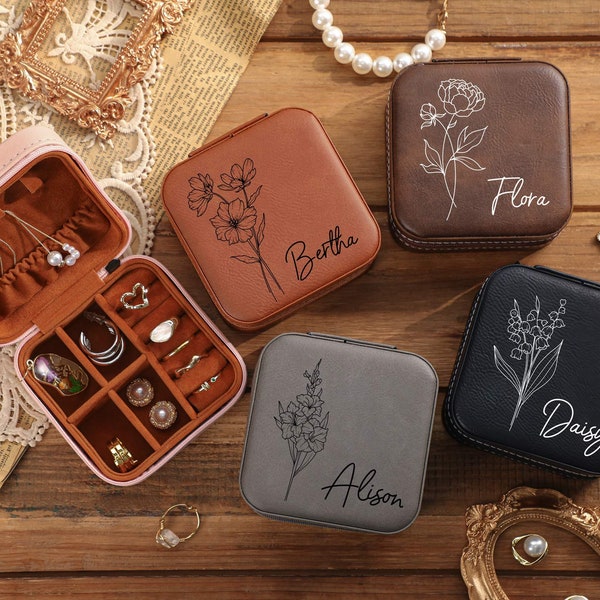Personalized Jewelry Box, Engraved Leather Jewelry Box, Bridesmaid Jewelry Box, Birthday Flower Jewelry Storage Box, Jewelry Box Travel Case