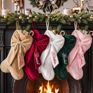 May include: Five velvet Christmas stockings hanging in a row, each featuring a large decorative bow and embroidered names: Camila, Daniel, Kristin, Rachel, and Sophia. The stockings are colored tan, red, white, dark green, and light pink.