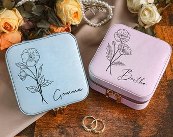Personalized Bridesmaid Birth Flower Jewellery Box,Wedding Leather Travel Jewelry Box, Custom Bridal Party Gifts with Name,Bridesmaid Gift