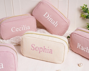 Embroidered Corduroy Makeup Bag,Bridesmaid Gift,Personalized Embroidered Cosmetic Bag,Bachelorette Party Gift,Travel Makeup bag,Wedding Gift