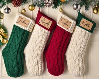 2025 Family Christmas Stockings,Custom Knit Stocking with Name,Engraved Leather Patch Stockings,Dog Bone Christmas Stockings,Christmas Gift