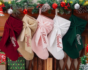 Calcetín navideño personalizado con nombre, calcetín navideño con lazo bordado, calcetín familiar de terciopelo, calcetines navideños