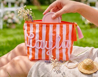 Custom Striped PVC Makeup Bag, Bridesmaid Gift,Crocheted Name Travel Toiletry Pouch,Waterproof Cosmetic Bag
