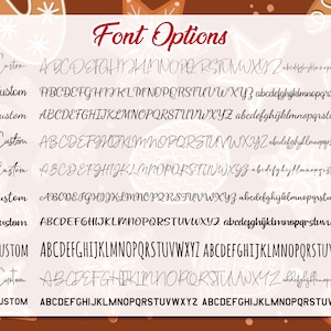 May include: A chart titled Font Options displaying ten distinct black typeface styles labeled F1 through F10. Each row shows the word Custom followed by the full uppercase and lowercase alphabet, except for F10 which shows uppercase only.