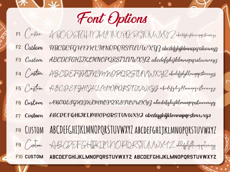 May include: A chart titled Font Options displaying ten distinct black typeface styles labeled F1 through F10. Each row shows the word Custom followed by the full uppercase and lowercase alphabet, except for F10 which shows uppercase only.
