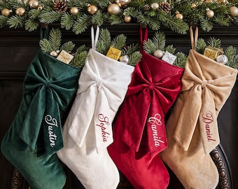 Personalized Bow Christmas Stocking with Name, 2026 Embroidered Velvet Christmas Stocking, Christmas Gift, Family Decor