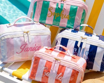 Neceser bordado personalizado, neceser impermeable personalizado, estuche de cosméticos, regalo para damas de honor, neceser transparente a rayas, regalo para ella.