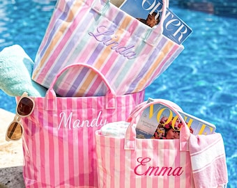 Custom Striped Beach Tote, Waterproof PVC Bag, Bridesmaid Gift, Bachelorette Party Favor,Travel Beach Bag,Wedding favor gift,Gift for Her